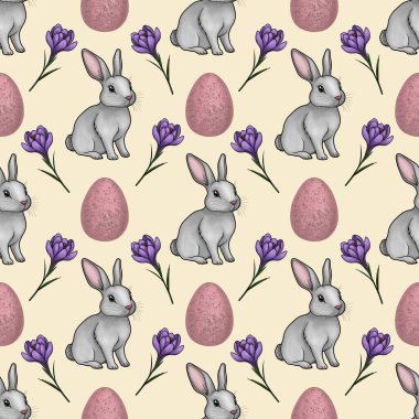 Pembe Yumurtalı Şirin Tavşan ve Kusursuz Şekilsiz Pastel Sarı Arkaplanda Küçük Tasarım