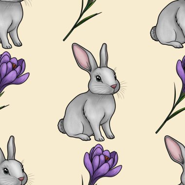 Crocus Desensiz Şablonlu Şirin Tavşan Pastel Sarı Arkaplanda Büyük Tasarım