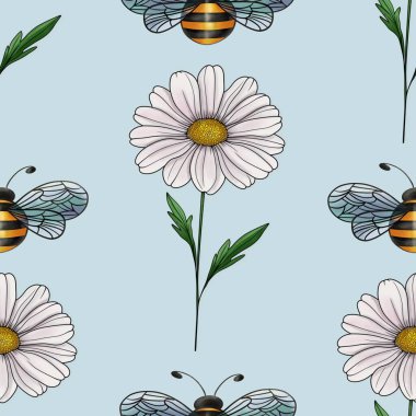 Daisy ve Arısız Desen Pastel Mavi Arkaplanda Büyük Tasarım
