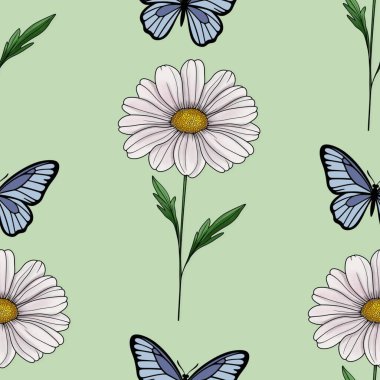 Papatya ve Kelebekler Kusursuz Desen Pastel Yeşil Arkaplanda Büyük Tasarım