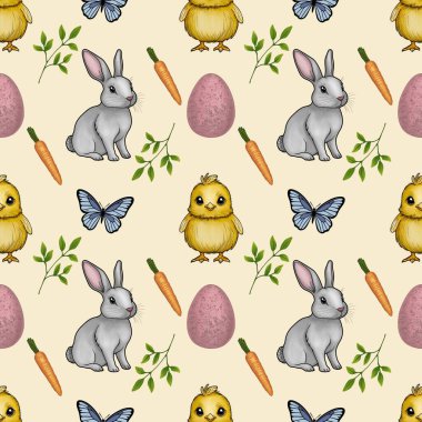 Tatlı Paskalya Tavşanı ve Tavuk Bahar Elementi Kusursuz Desenli Pastel Sarı Elementte Küçük Tasarım