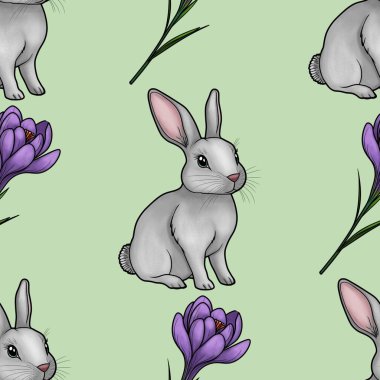 Tatlı Tavşan, Crocus Pürüzsüz Desenli Pastel Yeşil Arkaplanda Büyük Tasarım