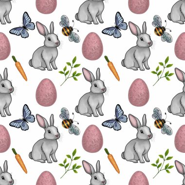 Bahar Elementi Kusursuz Şekilsiz Beyaz Arkaplanda Küçük Tasarımlı Şirin Paskalya Tavşanı