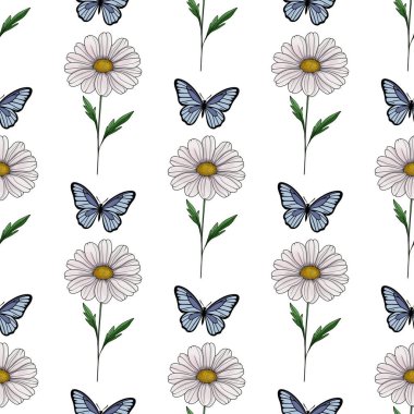 Daisy ve Kelebekler Kusursuz Desensiz Beyaz Arkaplanda Küçük Tasarım