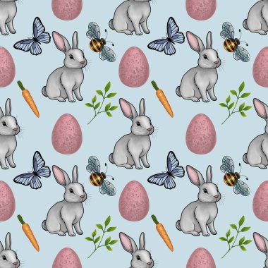 Tatlı Paskalya Tavşanı ve Bahar Elementi Kusursuz Şekilsiz Pastel Mavi Arkaplanda Küçük Tasarım