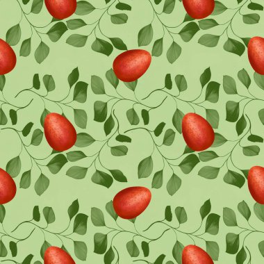 Yeşil Arkaplanda Yaprakları Olan Kırmızı Paskalya Yumurtası Kusursuz Desen