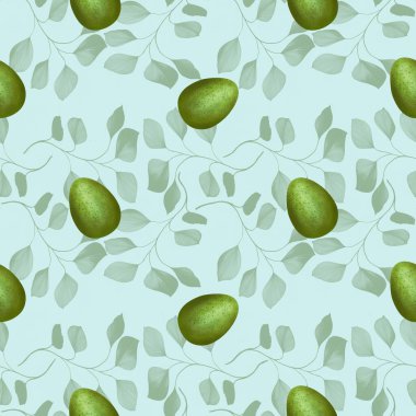 Mavi Arkaplanda Yaprakları Olan Yeşil Paskalya Yumurtası Kusursuz Desen