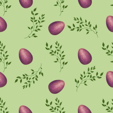 Yeşil Arkaplanda Brunch 'lı Violet Paskalya Yumurtası Kusursuz Desen