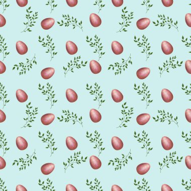 Mavi Arkaplanda Pembe Paskalya Yumurtası ve Brunch Küçük Kusursuz Şablon