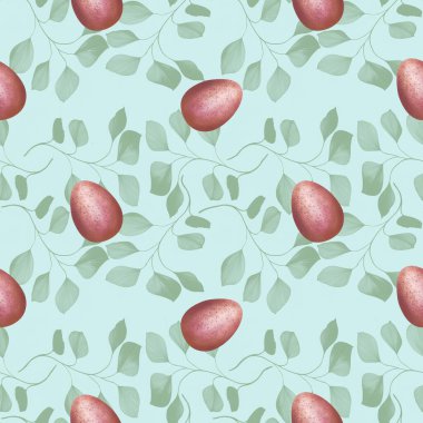 Mavi Arkaplanda Yaprakları Olan Pembe Paskalya Yumurtası Kusursuz Desen