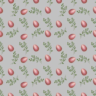 Gri Arkaplanda Küçük Brunch 'lı Pembe Paskalya Yumurtası Kusursuz Desen