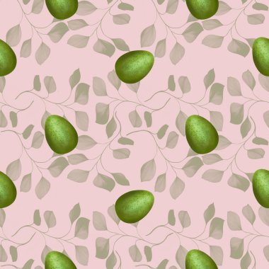 Pembe Arkaplanda Yaprakları Olan Yeşil Paskalya Yumurtası Kusursuz Desen