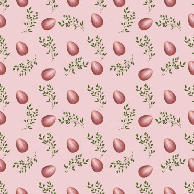 Pembe Paskalya Yumurtası ile Brunch Küçük Pembe Arkaplanda Kusursuz Desen