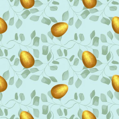 Mavi Arkaplanda Yaprakları Olan Altın Paskalya Yumurtası Kusursuz Desen