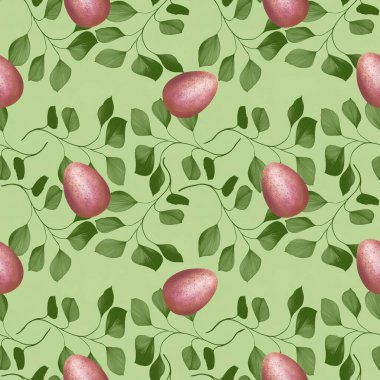 Yeşil Arkaplanda Yaprakları Olan Pembe Paskalya Yumurtası Kusursuz Desen