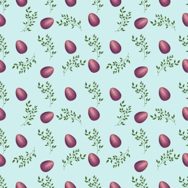 Mor Paskalya Yumurtası ile Brunch Küçük Mavi Arkaplanda Kusursuz Desen