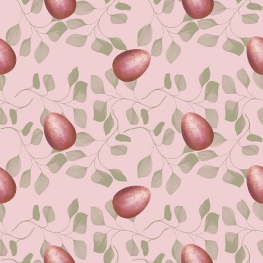 Pembe Arkaplanda Yaprakları Olan Pembe Paskalya Yumurtası Kusursuz Desen