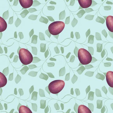 Mavi Arkaplanda Yaprakları Olan Mor Paskalya Yumurtası Kusursuz Desen