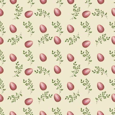 Pembe Paskalya Yumurtası ile Brunch Küçük Sarı Arkaplanda Kusursuz Desen