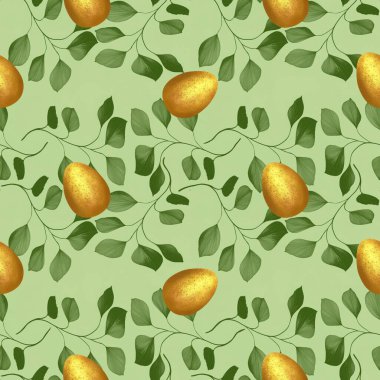 Yeşil Arkaplanda Yaprakları Olan Altın Paskalya Yumurtası Kusursuz Desen