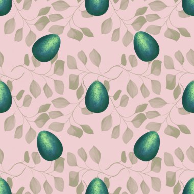 Pembe Arkaplanda Yaprakları Olan Tavuskuşu Yeşil Paskalya Yumurtaları Kusursuz Desen