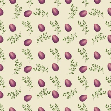 Sarı Arkaplanda Küçük Brunch 'lı Mor Paskalya Yumurtası Kusursuz Desen