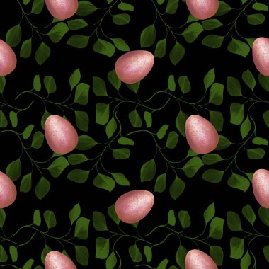 Siyah Arkaplanda Yaprakları Olan Pembe Paskalya Yumurtası Kusursuz Desen