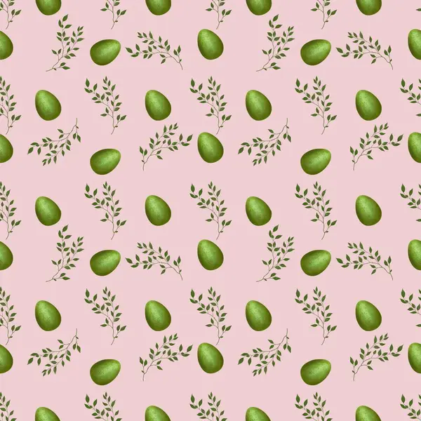 Yeşil Paskalya Yumurtası ile Brunch Küçük Pembe Arkaplanda Kusursuz Desen