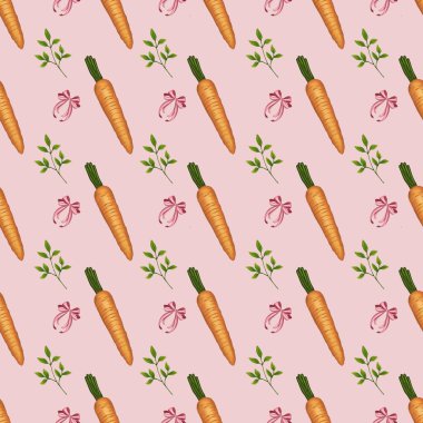 Paskalya 'nın Kusursuz Örnekleri: Yay, Havuç ve Pembe Arkaplanda Küçük Brunch