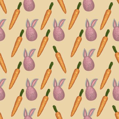 Egg with Bunny Ears and Carrots Small on Yellow Background Easter Seamless Pattern clipart