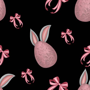 Egg with Bunny Ears and Bow Big on Black Background Easter Seamless Pattern clipart