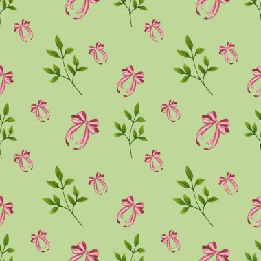 Vertical Bow and Easter Brunch Small on Green Background Easter Seamless Pattern clipart