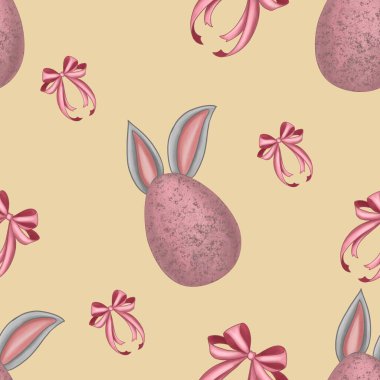 Egg with Bunny Ears and Bow Big on Yellow Background Easter Seamless Pattern clipart