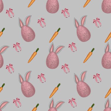 Easter Seamless Pattern: Egg with Ears, Carrots, and Bow Small on Gray Background clipart