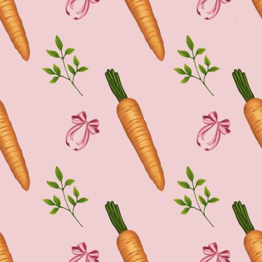 Bow, Havuç ve Brunch Pembe Arkaplanda Büyük Paskalya Şablonu Kusursuz