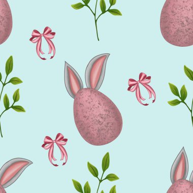 Easter Seamless Pattern: Egg with Ears, Brunch, and Bow Big on Blue Background clipart