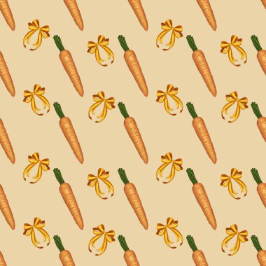 Paskalya Düz Düzeni: Sarı Arkaplanda Küçük Havuç ve Yay Portakalları