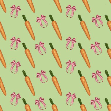 Easter Seamless Pattern: Bow and Carrots Small on Green Background clipart