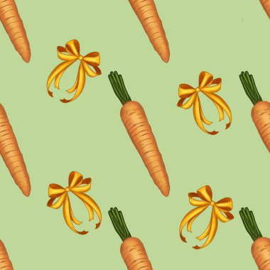 Oranges with Bow and Carrots Big on Green Background Easter Seamless Pattern clipart