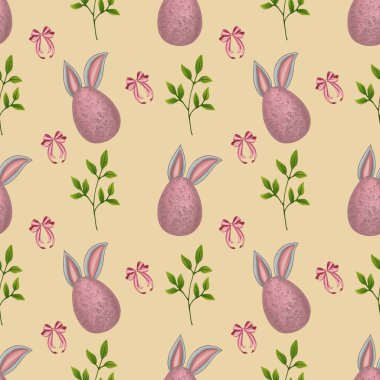 Tavşan Kulaklı Paskalya Yumurtası, Brunch ve Küçük Sarı Arkaplanda Yay Kusursuz Paskalya Şablonu