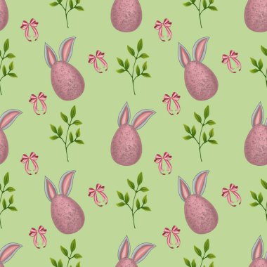 Paskalya Düz Düzeni: Kulaklı Yumurta, Brunch ve Yeşil Arkaplanda Küçük Yay