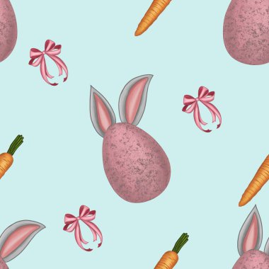 Easter Seamless Pattern: Egg with Ears, Carrots, and Bow Big on Blue Background clipart