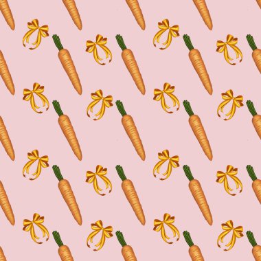 Oranges with Bow and Carrots Small on Pink Background Easter Seamless Pattern clipart