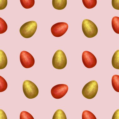 Pembe Arkaplanda Kırmızı ve Altın Paskalya Yumurtası Kusursuz Desen