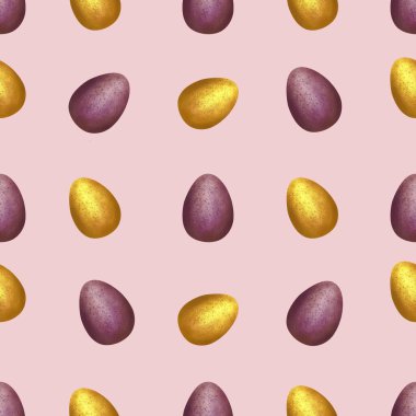 Pembe Arkaplanda Eflatun ve Altın Paskalya Yumurtaları Kusursuz Desen