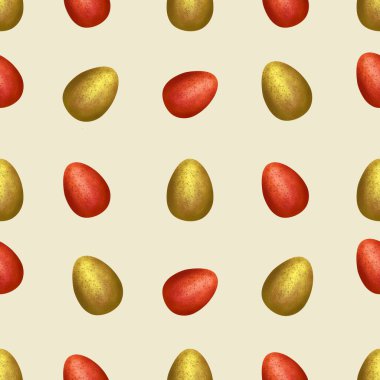 Sarı Arkaplanda Kırmızı ve Altın Paskalya Yumurtası Kusursuz Desen