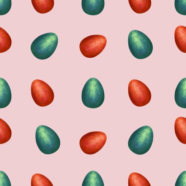 Pembe Arkaplanda Tavuskuşu Yeşil ve Kırmızı Paskalya Yumurtaları