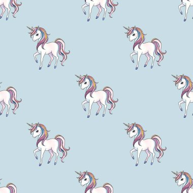 Pastel Mavi Arkaplanda Tek Boynuzlu At Deseni Küçük Tasarım
