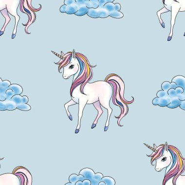 Bulutsuz desenli tek boynuzlu at Pastel Mavisi Arkaplanda Büyük Tasarım