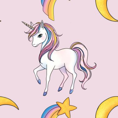 Tek boynuzlu at Ay ve Gökkuşağı Düşen Yıldızsız Desen Pastel Pembe Arkaplanda Büyük Tasarım